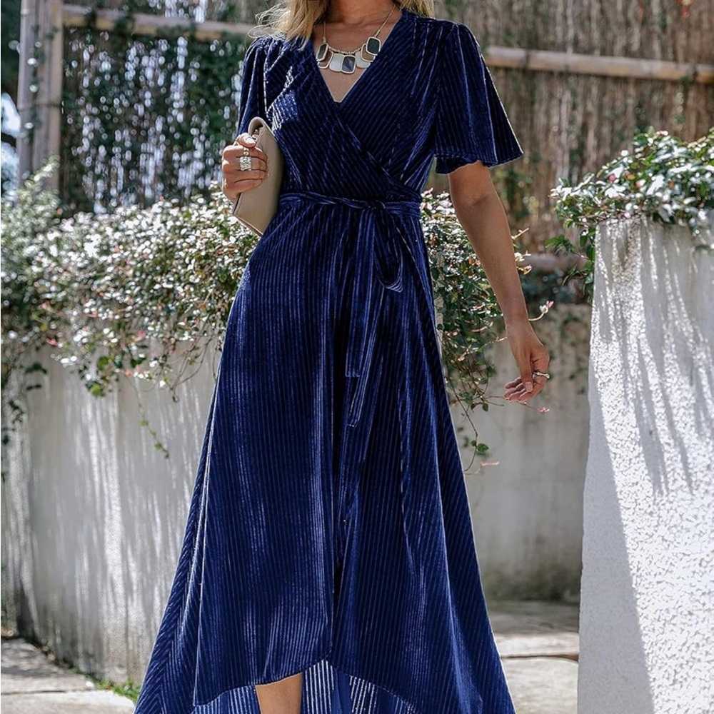 Blue Velvet High-Low Wrap dress with Flutter Sleeves